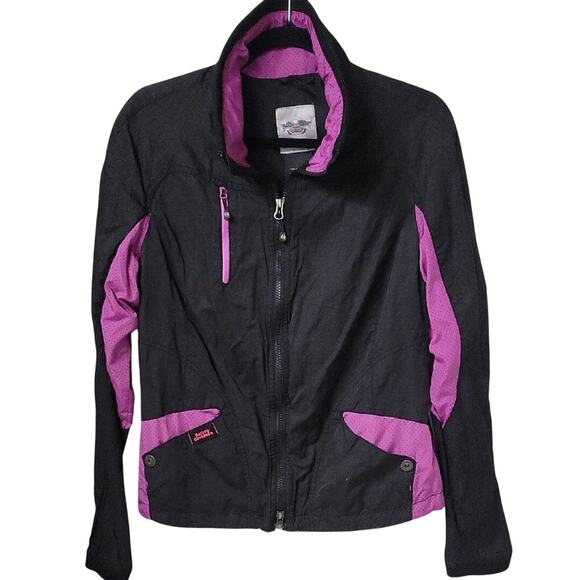 Harley Davidson Casual Windbreaker Black & Pink Moto Jacket Womens Large Vintage - Picture 1 of 14
